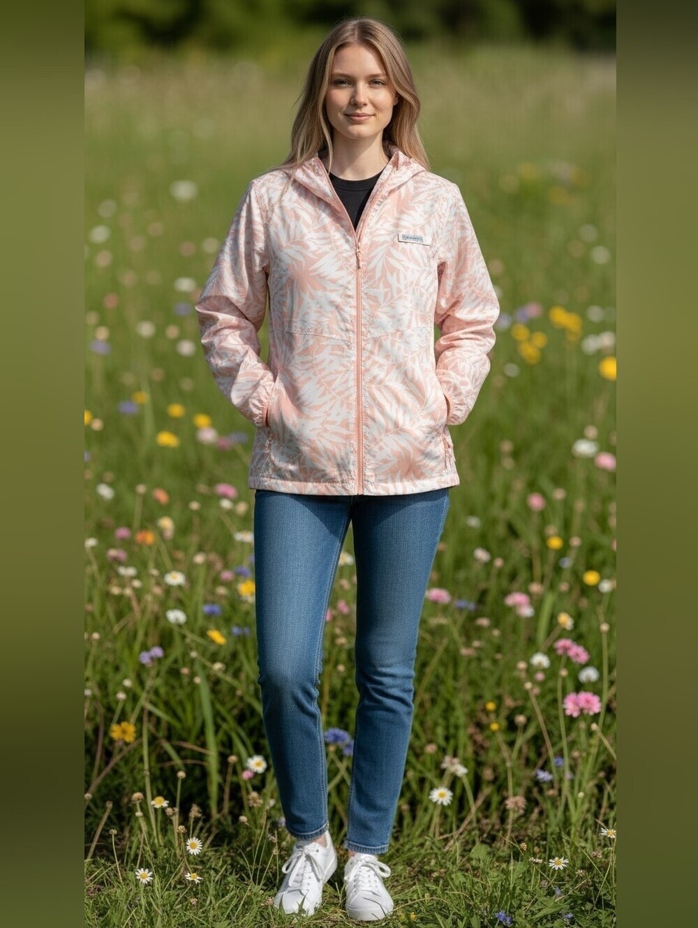 Columbia PFG Women's Pink & White Leaf Print Windbreaker Jacket - Size Large EUC